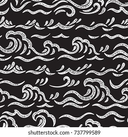 Sea Waves Vector Seamless pattern. Hand drawn Doodle Wave. Cartoon Sea or Ocean Black and White Background