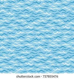 Sea Waves Vector Seamless pattern. Hand drawn Doodle Wave. Cartoon Sea or Ocean Blue Background
