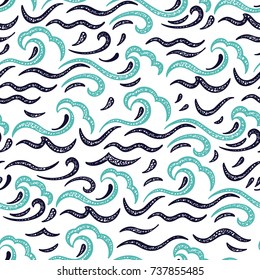 Sea Waves Vector Seamless pattern. Hand drawn Doodle Wave. Cartoon Sea or Ocean White Blue Background