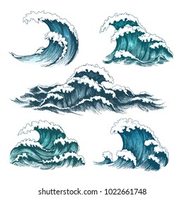 Sea waves  Vintage cartoon ocean tidal storm waves isolated white background for surfing   seascape  vector illustration