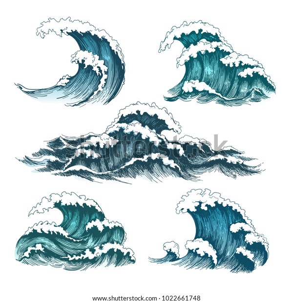 海波 白い背景にサーフィンと船舶用のビンテージカートーンの海の潮の波 ベクターイラスト のベクター画像素材 ロイヤリティフリー