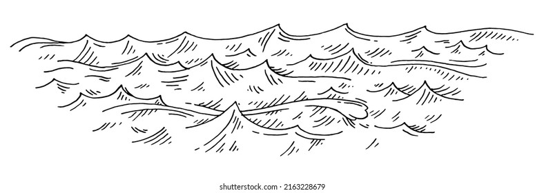 Olas marinas. Ilustración en negro monocroma vectorial vintage. Aislado sobre fondo blanco. Anillo dibujado a mano