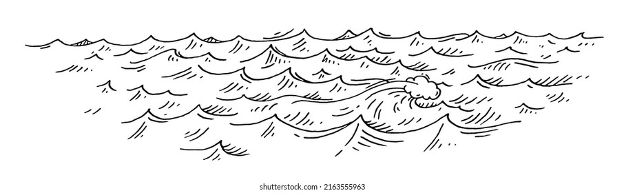 Sea waves. Vintage vector engraving monochrome black illustration. Isolated on white background. Hand drawn hatching