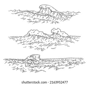 Sea waves. Vintage vector engraving monochrome black illustration. Isolated on white background. Hand drawn hatching