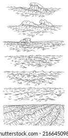 Olas marinas. Ilustración en negro monocroma vectorial vintage. Aislado sobre fondo blanco. Anillo dibujado a mano