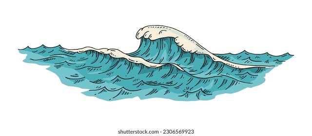 Sea waves. Vintage vector engraving color illustration. Isolated on white background. Hand drawn hatching