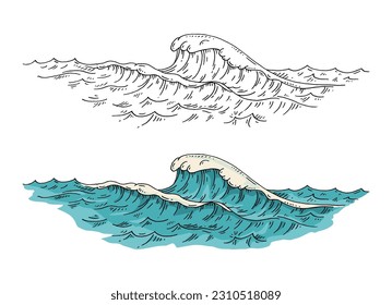 Sea waves. Vintage vector engraving color illustration. Isolated on white background. Hand drawn hatching