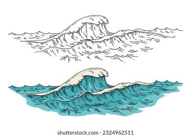 Sea waves. Vintage vector engraving color illustration. Isolated on white background. Hand drawn hatching