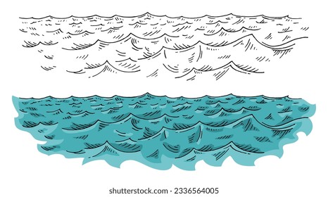 Sea waves. Vintage vector engraving color illustration. Isolated on white background. Hand drawn hatching