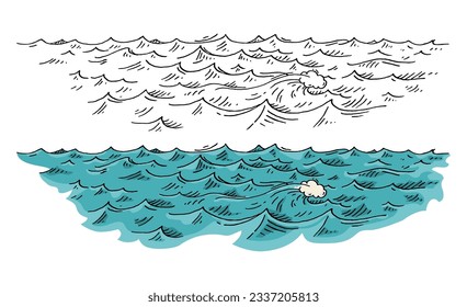 Sea waves. Vintage vector engraving color illustration. Isolated on white background. Hand drawn hatching