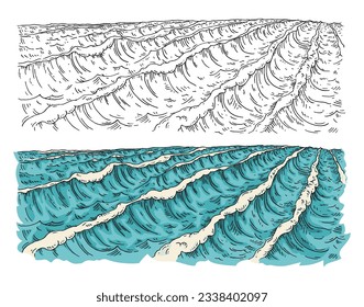 Olas marinas. Ilustración de color vectorial vintage que graba. Aislado sobre fondo blanco. Anillo dibujado a mano