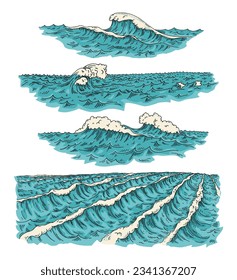 Sea waves. Vintage vector engraving color illustration. Isolated on white background. Hand drawn hatching