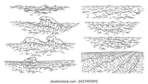 Meereswellen. Vintage, Vektorgrafikgrafik, schwarze Illustration. Einzeln auf weißem Hintergrund. Handgezeichnetes Schraffen