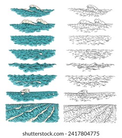 Sea waves. Vintage vector engraving color illustration. Isolated on white background. Hand drawn hatching