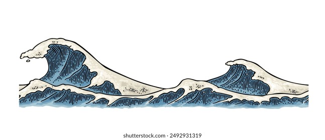 Sea waves. Vintage vector engraving color illustration. Isolated on white background. Hand drawn hatching