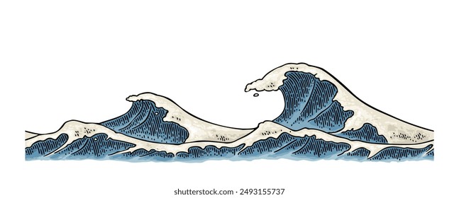 Sea waves. Vintage vector engraving color illustration. Isolated on white background. Hand drawn hatching