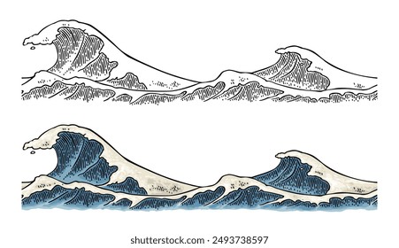 Las olas del mar. Ilustración de color de grabado de Vector de Antiguas. Aislado sobre fondo blanco. Rayado a mano