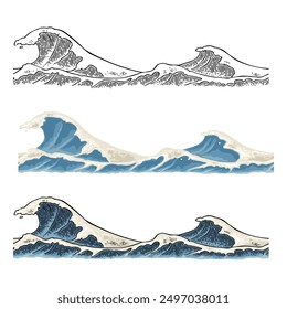 Olas del mar. Antiguas Vector grabado ilustración en color. Aislado sobre fondo blanco. Eclosión dibujada a mano
