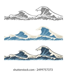 Olas del mar. Antiguas Vector grabado ilustración en color. Aislado sobre fondo blanco. Eclosión dibujada a mano