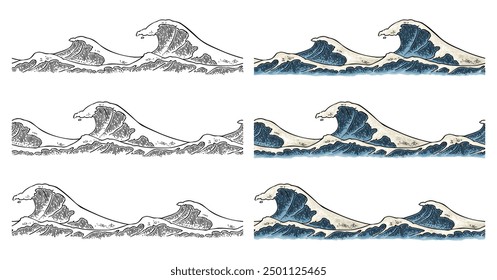Olas del mar. Antiguas Vector grabado ilustración en color. Aislado sobre fondo blanco. Eclosión dibujada a mano