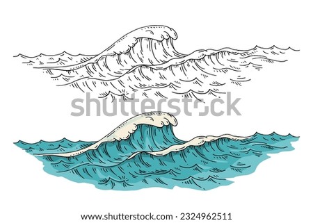 Sea waves. Vintage vector engraving color illustration. Isolated on white background. Hand drawn hatching