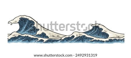 Sea waves. Vintage vector engraving color illustration. Isolated on white background. Hand drawn hatching