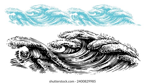 Sea waves, vintage vector illustration. Ocean tidal storm waves isolated on white background for surfing and seascape