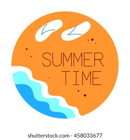 sea waves and yellow sand, circle shape retro style design emblem, vector graphic art illustration isolated on white background.