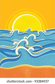 Sea waves and yellow sun.Vector seascape illustration
