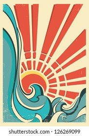 sea waves.Vintage illustration of nature poster with yellow sun on old paper