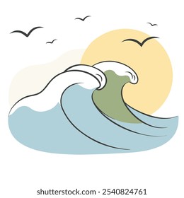 Sea waving and the birds flying in the sky. sea waving, sky, bird flying vector illustration