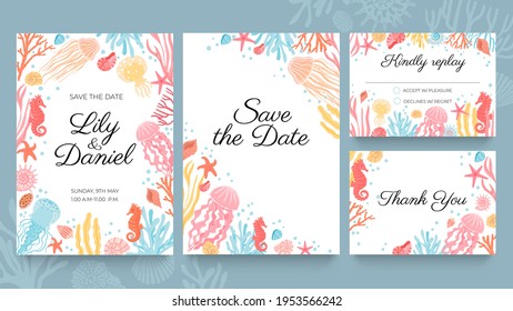 Sea wedding cards. Invitation to summer beach marriage party decorated with ocean seashell, seaweed and coral. Wedding save date vector set. Kindly reply, accept or decline card design