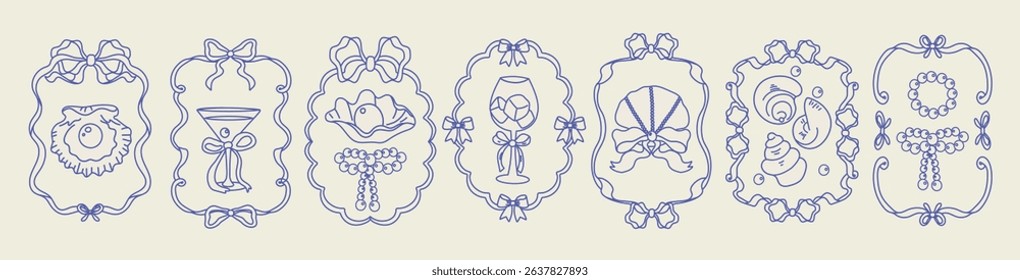 Sea wedding frame set. Hand-drawn coastal border. Ribbon, shell, pearl, bow. Vector line sketch. Soft, vintage look. Great for invite, card, decor.