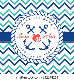 Sea wedding invitation card.  Elegant template in nautical style with anchors, rope, hearts and chevron pattern. Vector illustration in white, blue, turquoise and red colors.