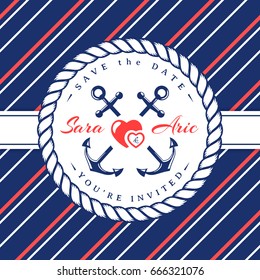 Sea wedding invitation card.  Elegant template in nautical style with anchors, rope, hearts and striped background. Vector illustration in white, blue and red colors.