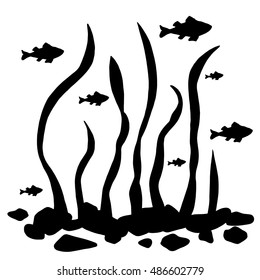 Sea weed, stones, fishes black silhouettes isolated on white background