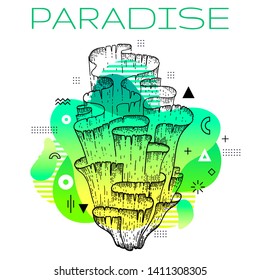 Sea weed summer poster. Ocean seaweed hand drawn sketch & geometric shape, trendy line art concept in spectrum rainbow color for music party, fashion event flyer, t-shirt print. Futuristic background