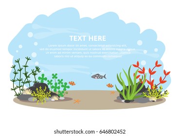 Sea weed and underwater background. Landscape of marine life, vector illustration.