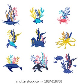 Sea Weeds and Marine Creatures Floating and Swimming Vector Set. Sea Animal and Wild Underwater Fauna Concept