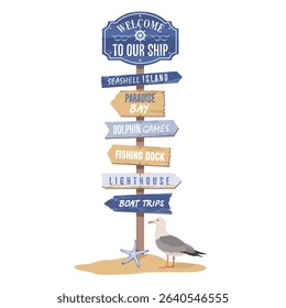 Sea welcome beach sign with arrows and a seagull.  A coastal road sign with inscriptions on the arrows: Seashell island, paradise Bay, dolphin games, lighthouse and more. Hand draw no ai.