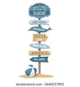 Sea welcome beach sign with arrows and a ball on the sand. A wooden coastal signpost with inscriptions on the arrows: beach houses, a surf club, a sandy beach, boats and more. Hand draw no ai.
