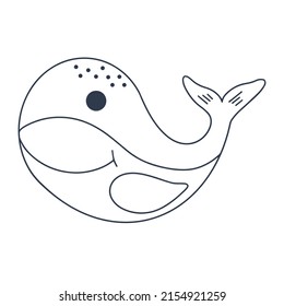 Sea whale baby character vector illustration. Outline cute ocean fish smiling. Underwater animal doodle coloring book isolated object