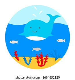 Sea, whale, fish, corals, water, sand. Vector illustration.	