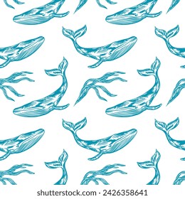 Sea whale, pattern, seamless. Graphic arts. Vector illustration. Cards, invitations, banners, flyers, covers, labels, textiles, packaging, wallpaper.