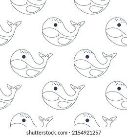 Sea whale seamless pattern vector illustration. Background contour cute ocean fish smiling. Doodle coloring template underwater world
