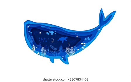 Meereswal-Silhouette und Unterwasser-Papier-Schnittfläche. Tiefseefischerei oder 3D-Vektorhintergrund im Wasserboden. Paperschneidkonzept für wild lebende Ozeane mit Wal, Schildkröten und Fischen, Algensilhouetten