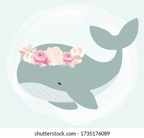 Sea whale with wreath of flowers. Vector illustration.