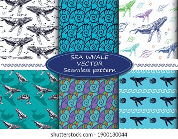 Sea whales vector seamless pattern Set, Wallpaper, Abstract background