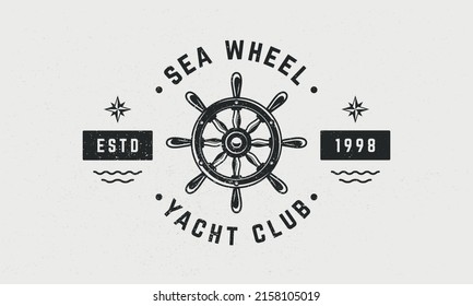 Logo de Sea Wheel, afiche. Logo del mar con rueda de barco. Náutica, afiche marino, plantilla de emblema. Imprimir para camiseta. Ilustración vectorial.