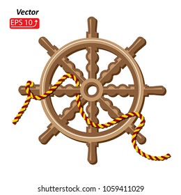 Sea wheel, ship wheel marine wooden vintage, red yellow rope, isolated on white background vector illustration